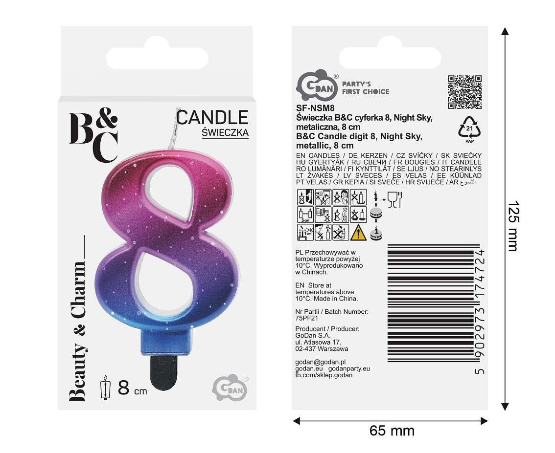 Candle digit 8, Night Sky, metallic, 8 cm